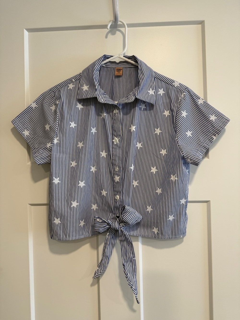 Tie-Front Navy & White Star Stripe Button-Up Blouse